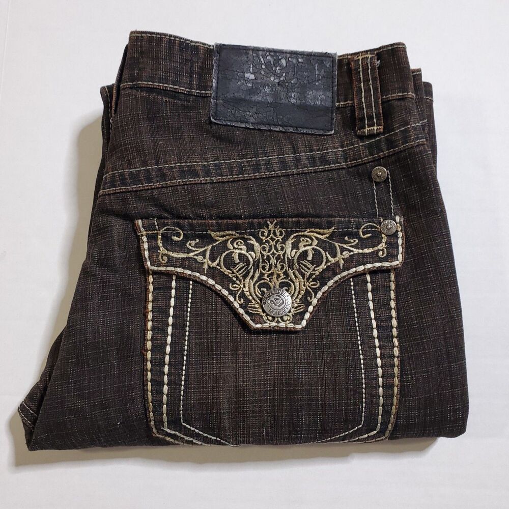 Delf Jeans Mens 36x34 Brown Embroidered Pockets Contrast Stitch Straight